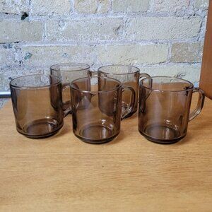 Vintage Arcoroc French Smoked Glass Mugs Set of 5